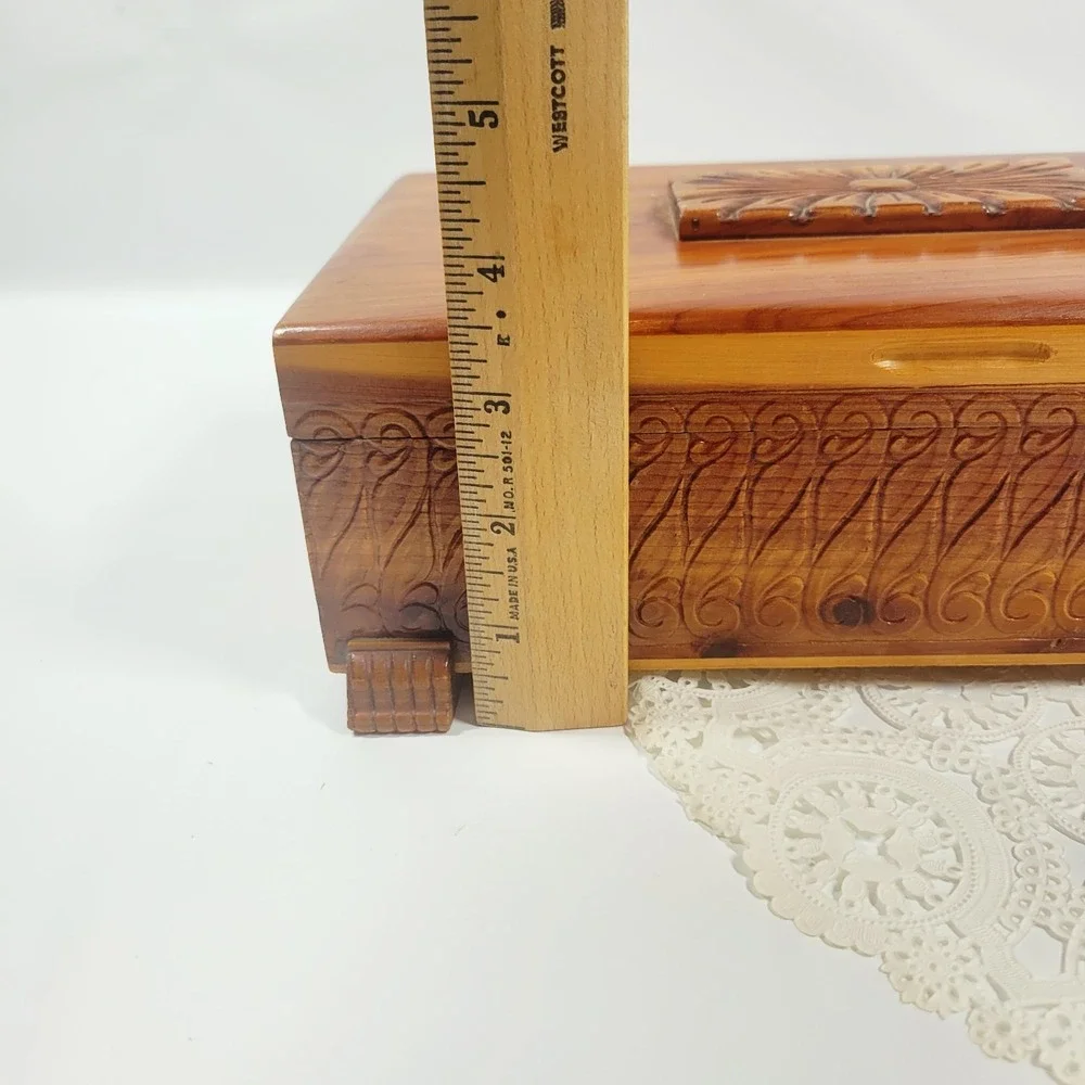 Vintage Carved Cedar Wood Jewelry Trinket Box With Mirror & Feet